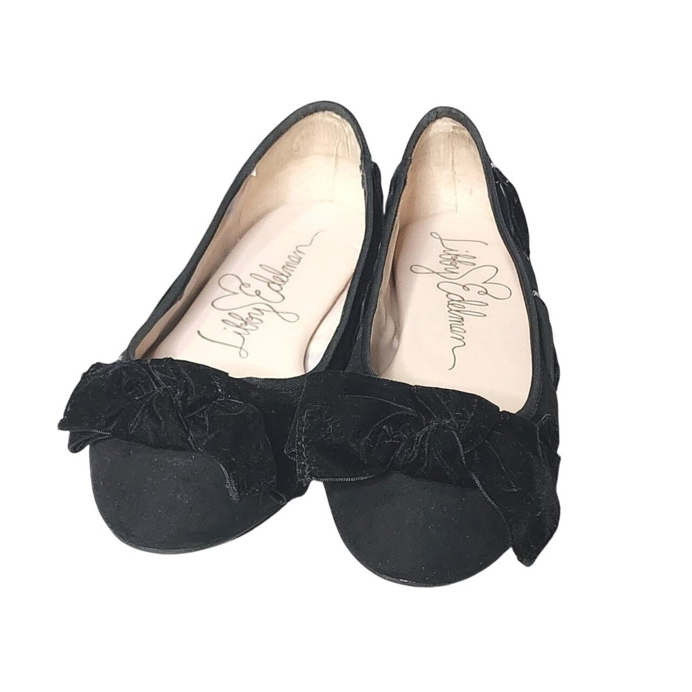 Libby Edelman Casey Black Ballet Flat Shoes 9.5 Faux Suede Velvet Bow Preppy